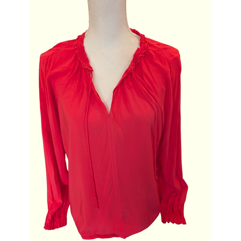 Velvet by Graham & Spencer Blouse Coral Viscose Ruffle Tie Neck Peasant Small